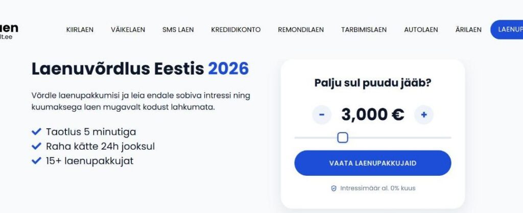 Laenkiirelt.ee laenuvõrdlusportaali avaleht